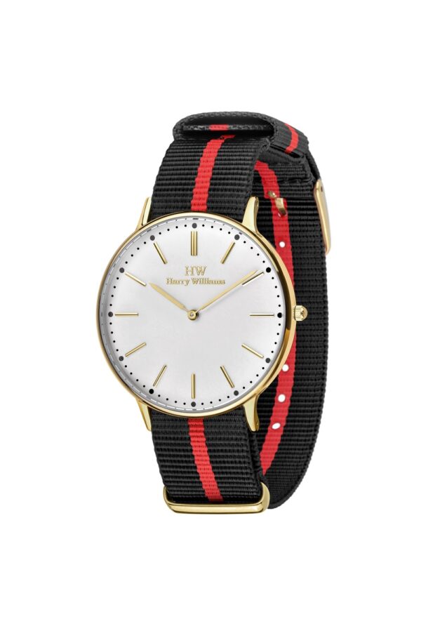 Ρολόι Harry Williams 36mm Επίχρυσο Μηχανισμός Quartz με Λευκό Καντράν και Λουράκι Υφασμάτινο Μαύρο - Κόκκινο