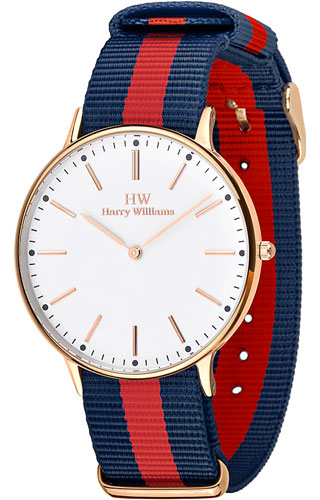 Ρολόι Harry Williams 41mm Επίχρυσο Μηχανισμός Quartz με Λευκό Καντράν και Λουράκι Υφασμάτινο Μπλέ - Κόκκινο